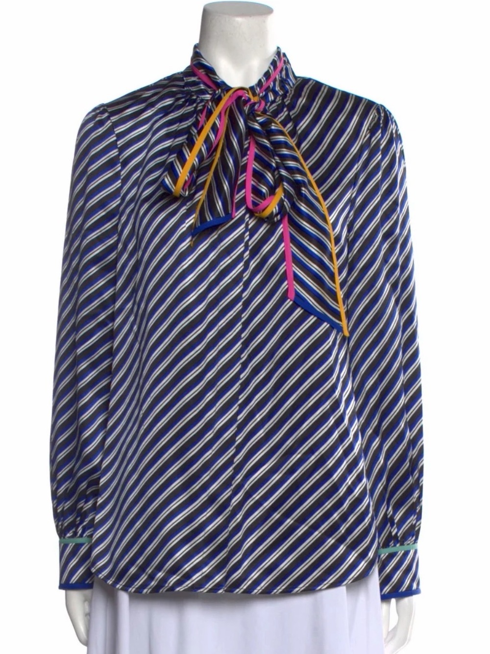 Tory Burch Navy Striped Tie-Neck Blouse with Pink & Yellow Trim